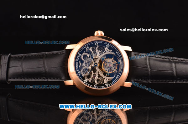 Audemars Piguet Jules Audemars Swiss Tourbillon Manual Winding Movement Rose Gold Case with Black Leather Strap and Skeleton Dial - Click Image to Close